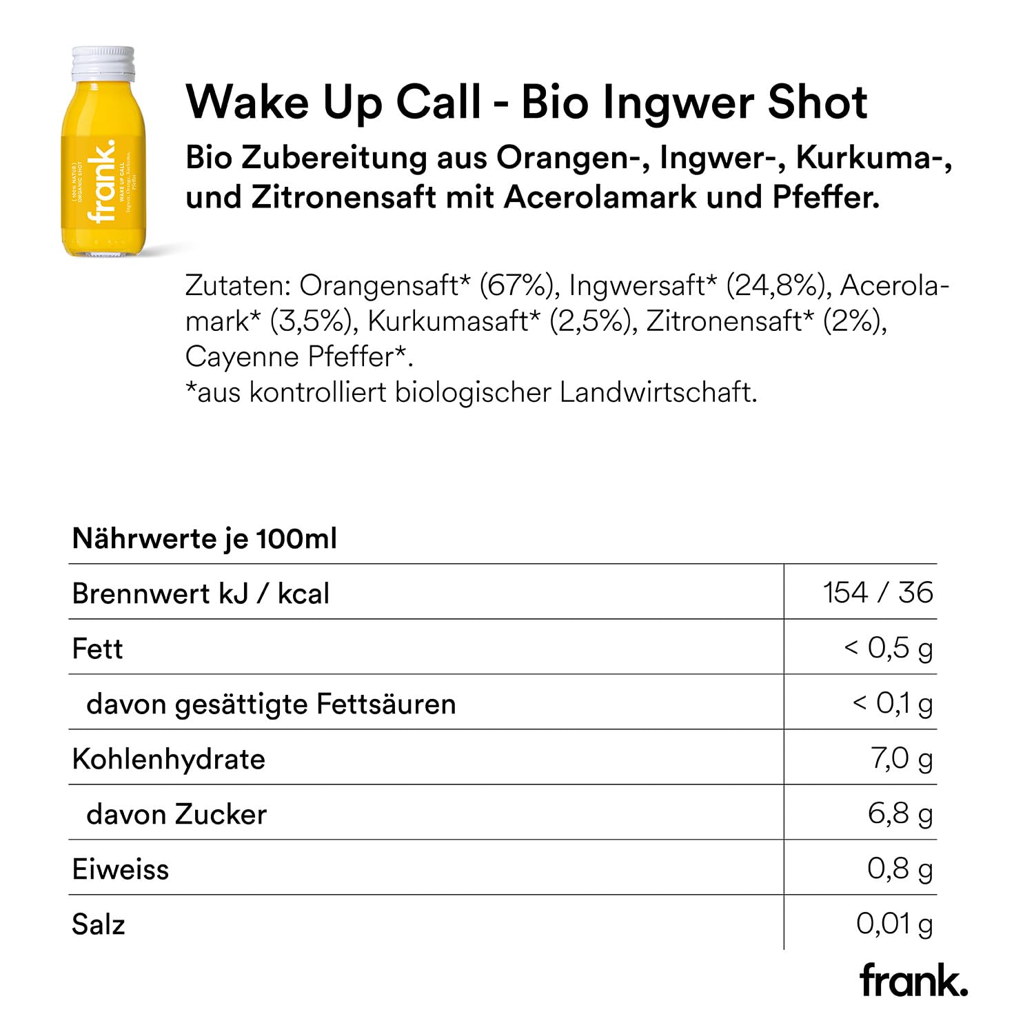 Frank Juice Bio Ingwer Shots "Immunity" 28 x 60 ml, Vegan & in Glasflaschen | Mit Kurkuma, Orange und Pfeffer | ohne Farb-, Süß- oder Konservierungsstoffe | nachhaltiges Premiumprodukt