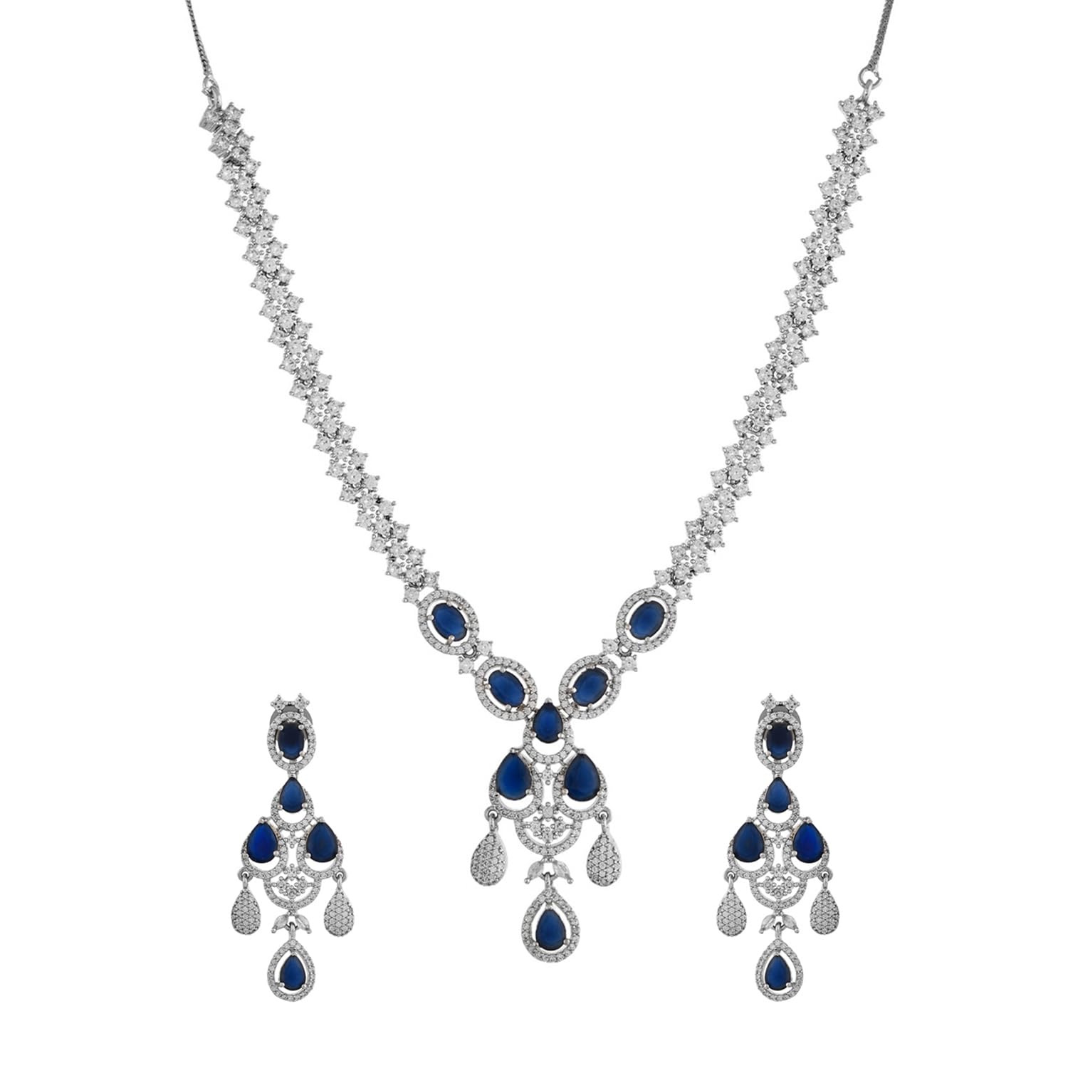 VOYLLA Sparkling Elegance Glamorous Blue American Diamond Necklace Set for Women, CZ Jewellery Set, Gift for Her, Rakhi