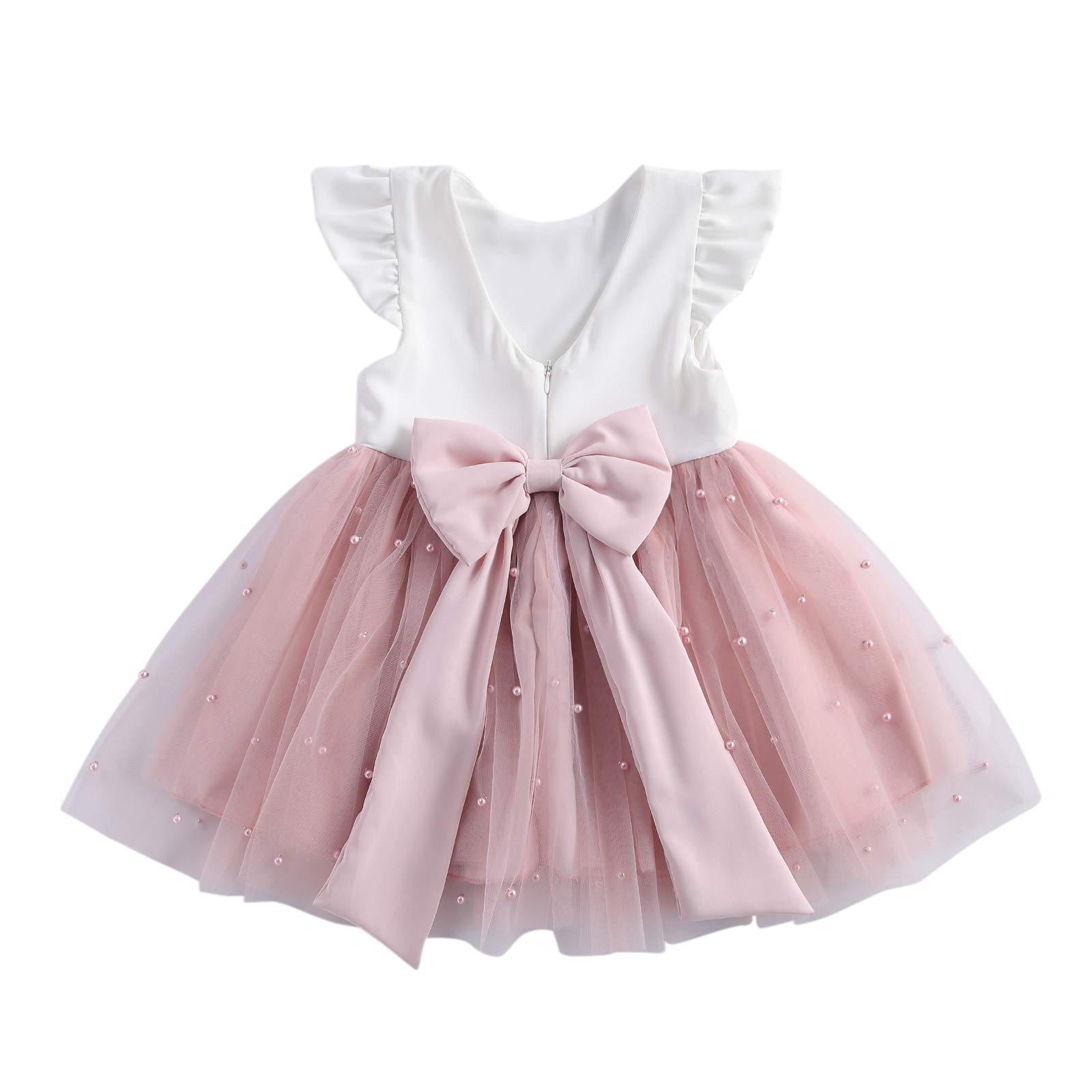 Autumn Princess Toddler Infant Baby Girls Dress Ruffle Sleeve Pearl Lace Patchwork Back Bowknot Tulle Tutu Dress (Pearl Flying Sleeve A,4-5T)