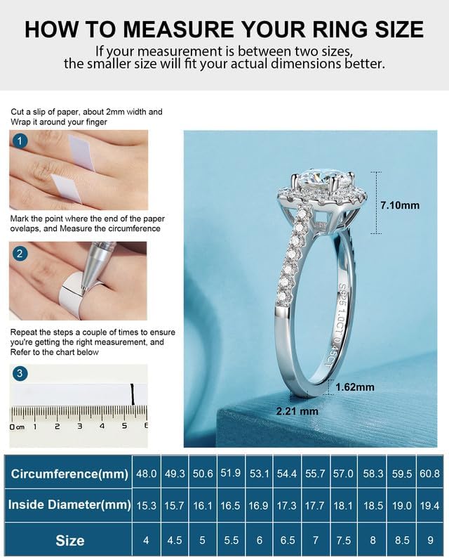 Halo Moissanite Engagement Rings for Women Halo Rings for Women Wedding Promise Ring 1.45CT D Color VVS1 Clarity Round Cut Moissanite Ring in Sterling Silver Plated with 18K White Gold - Image 8