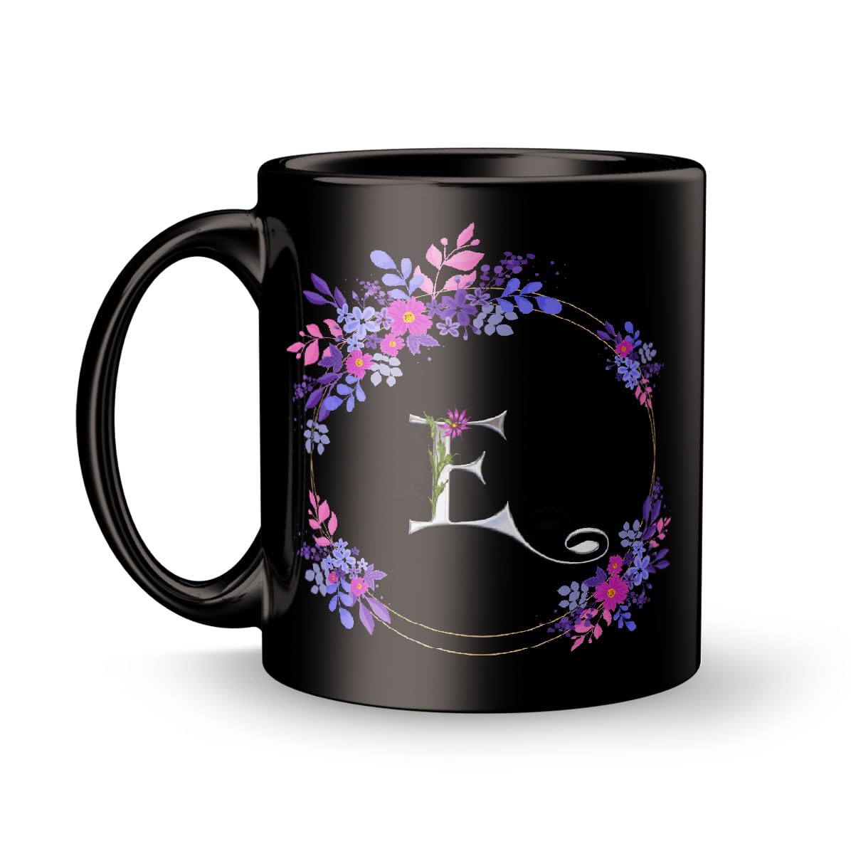 FIFTH AND MOON E Letter Print Coffee Mug Black (320ml) for Birthday, Friends, Lovers -Mug3809