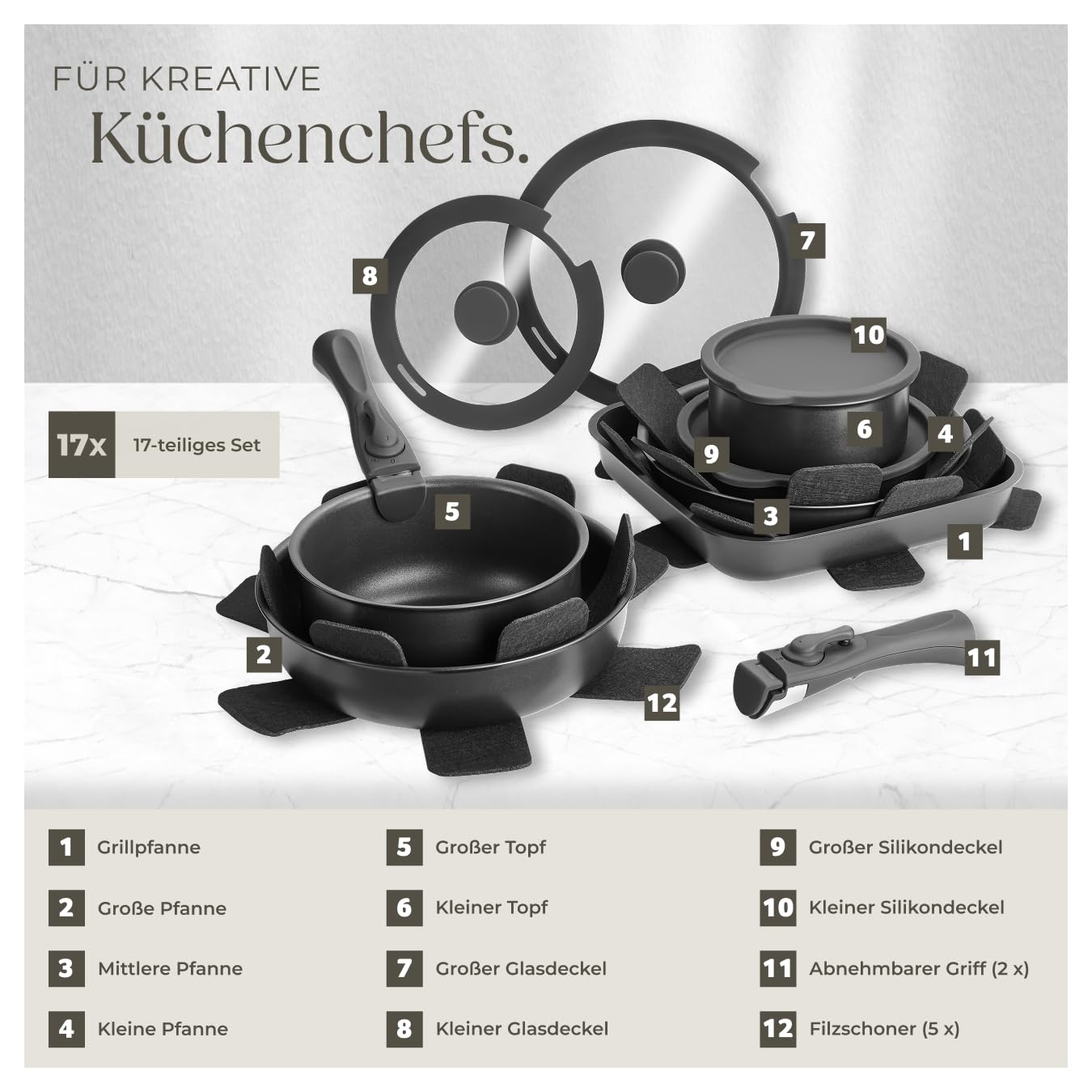 tectake® 17-teiliges Kochtopf Set, antihaftbeschichtets Topfset Induktion, Töpfe + Pfannen Set, 2x Topf + 3x Bratpfanne inkl. Glasdeckeln mit Dampfabzug, 2 Silikonabdeckungen, Induktions Töpfe Set,