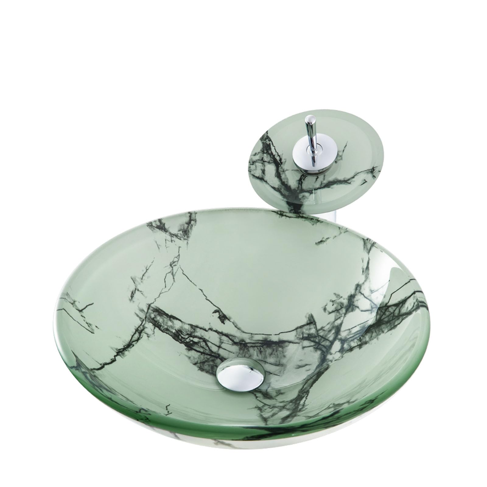 Aioneer Bathroom Vessel Sink 16 Inch, Round Glass Sink Bowl, Above Counter Bathroom Sink With Waterfall Faucet And Drain Combo-Green-1