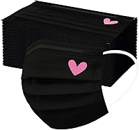 YOMEESOUL 50pcs Cute 3-Ply Disposable Face Masks Pink Black Hearts Print for Women Teens - Breathable Comfortable Protection