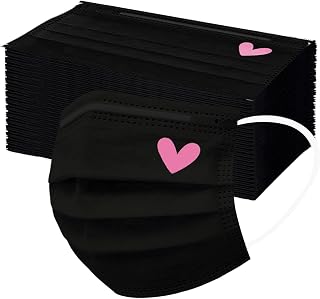 YOMEESOUL 50pcs Cute 3-Ply Disposable Face Masks Pink Black Hearts Print for Women Teens - Breathable Comfortable Protection