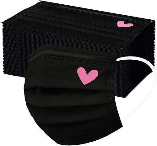 50 máscaras faciales desechables, bonitas máscaras rosas y negras con corazones impresos, protección facial completa de 3 capas para mujeres,