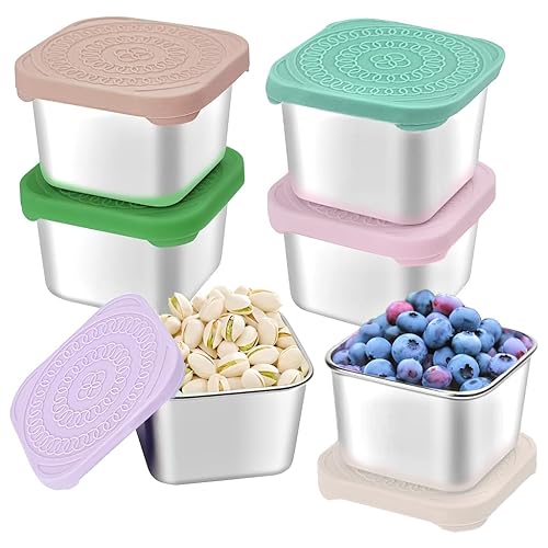 HTEVW 6Pack Stainless Steel Snack Containers for Kids, Easy Open Leak Proof Metal Toddler Snack Containers with Silicone Lids, Stackable Metal Toddler Lunch Box for Daycare, School and Travel (6oz) - color2