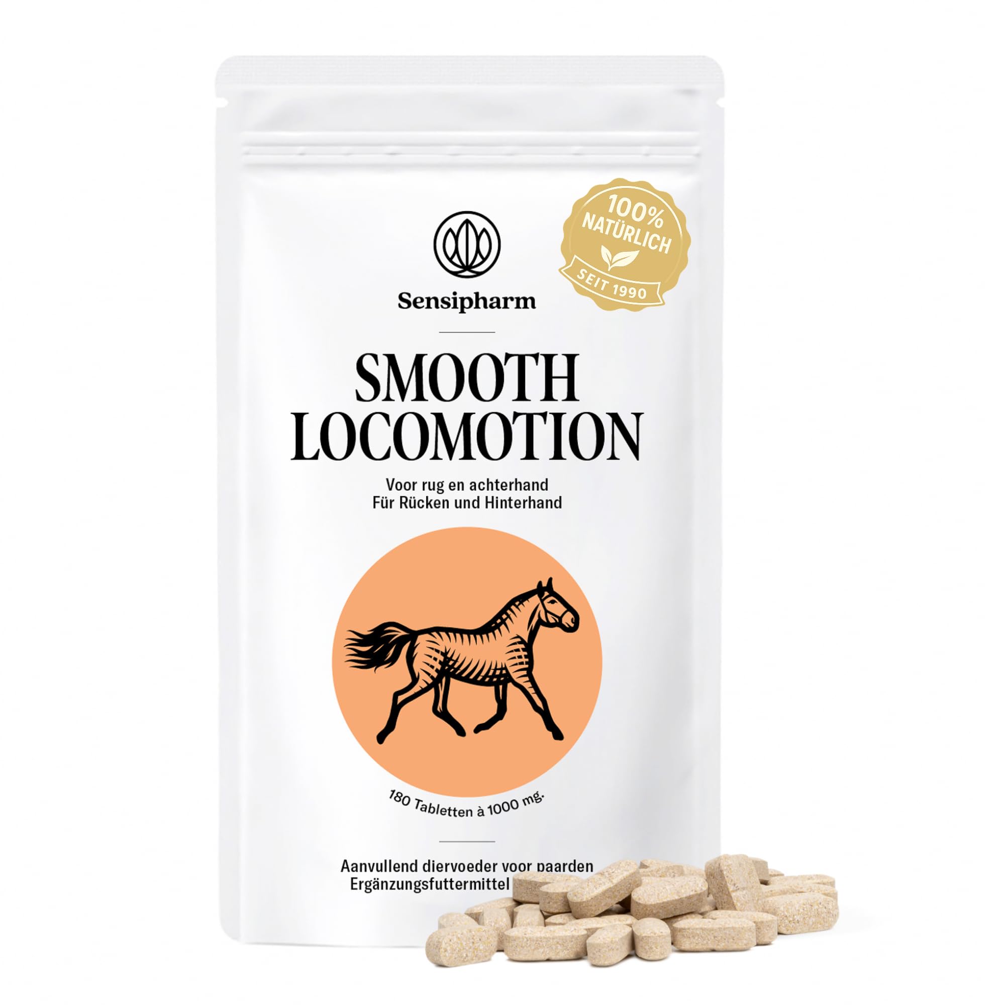 Smooth Locomotion Horse - Suplement diety dla silnych pleców, tylnej ręki i kopyta - wytrzymałość na koń - 180 tabletek po 1000 mg