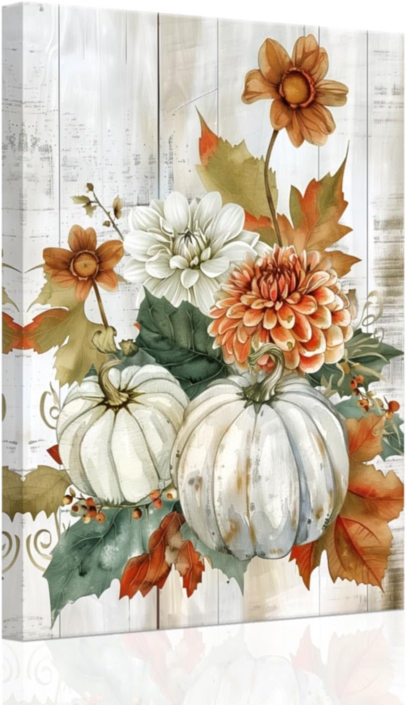 Fall Pumpkin Wall Art with Flower Rustic Farmhouse Autumn Harvest