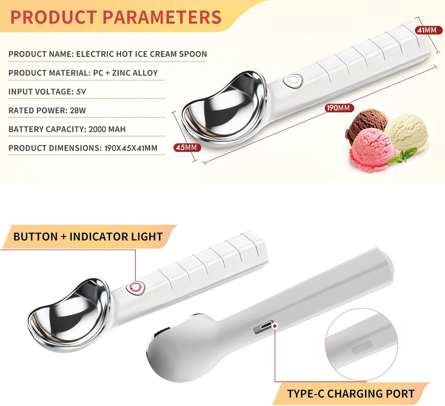 Paletta per gelato riscaldata, ricaricabile, elettrica, con 2 impostazioni di temperatura, in acciaio inox, per gelato, frutta, purè di patate, polpette