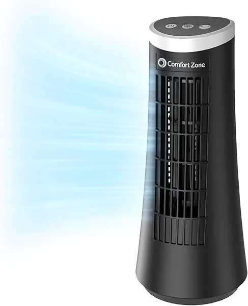 Comfort Zone 12-inch Oscillating Bedroom Fan, Desktop Tower Fan with Electronic Touch Switches, 2 Speed Ultra Slim Design with Carry Handle, Bladeless Stand Fan for Office, Black