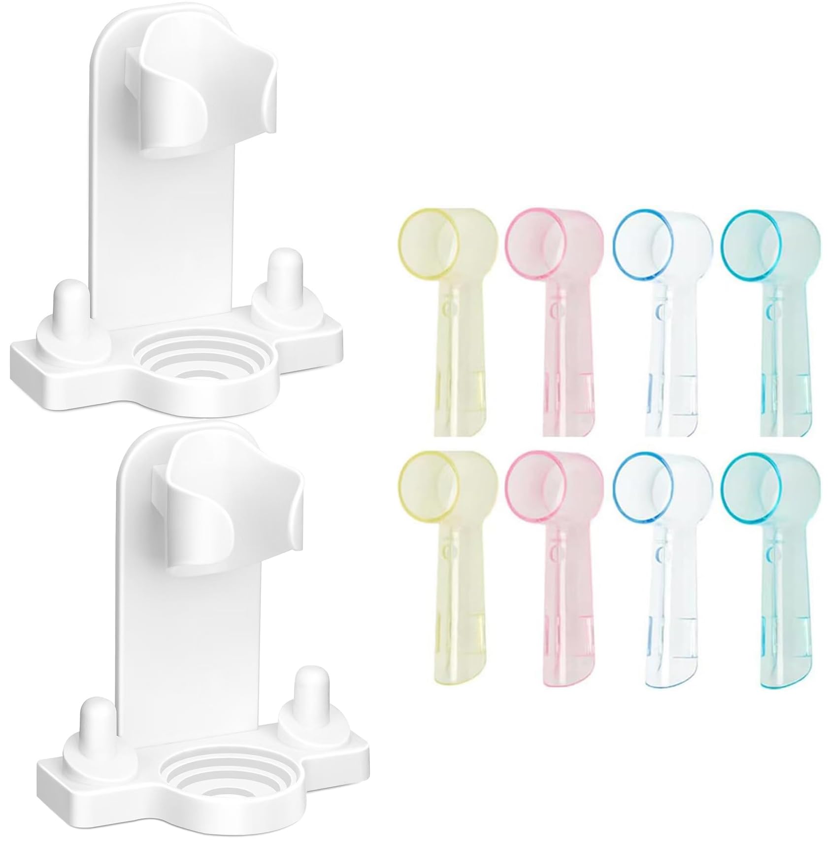 SULUNZEGERElectric Toothbrush Holder for Oral B iO Series, 2 Pack Wall Mounted Adhesive Toothbrush Holders with 8 Toothbrush Head Cover, Tooth Brush Stand Storage Organizer for Bathroom