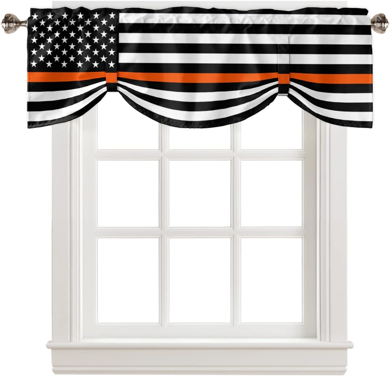 Country White Stars Tie Up Valance Curtain for Kitchen Living Room Bedroom Bathroom Cafe, Rod Pocket Small Short Window Drape Panel Adjustable Drapary Print, Orange Black Search Rescue Flag 60"x18"