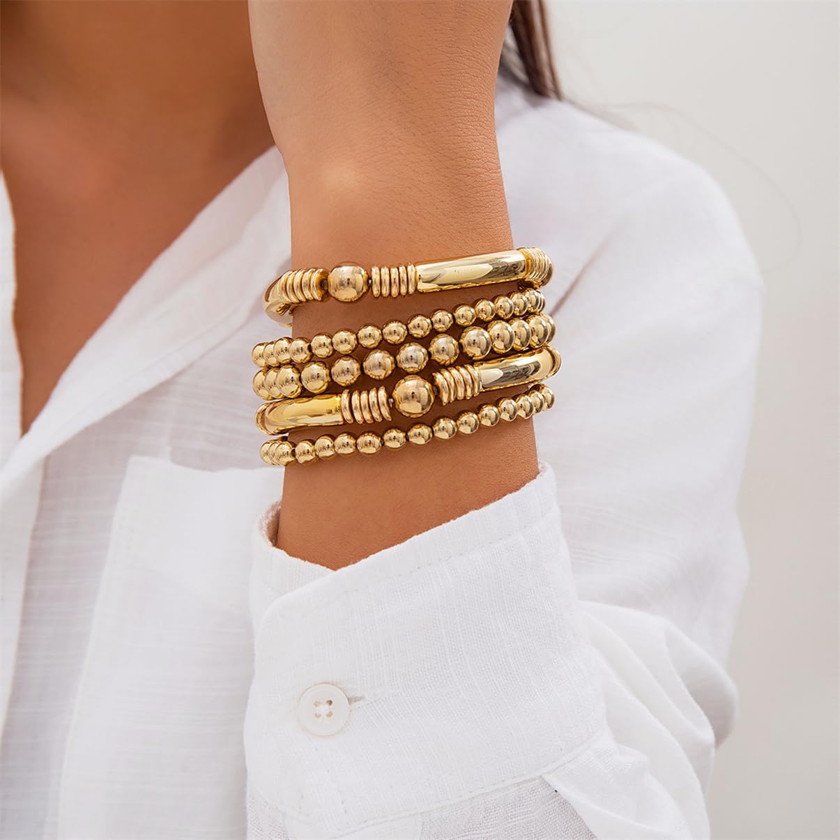 5Pcs Gold Bead Bracelets Set for Women,14K Gold Plated Stackable Bead Ball Bracelets Set,Adjustable Chunky Bangles Bracelets,Boho Stretch Bead Ball Bracelet for Women - Image 4