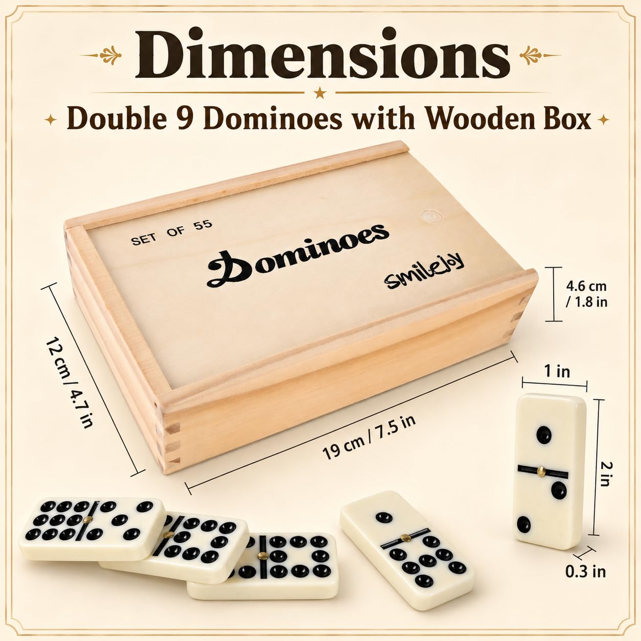 Smilejoy Set domino per adulti, doppio nove Domino Set per giochi da tavolo classici, Domino Double 9 per giochi di famiglia con custodia in legno naturale con spinner 55 pezzi