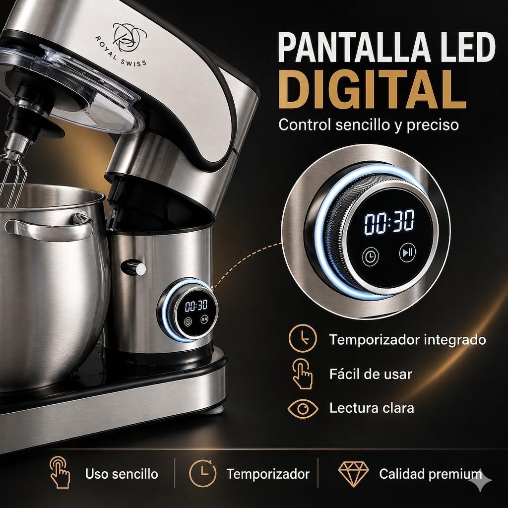 Royal Swiss Robot Pastelero Profesional 12L 2000W Mezcla Planetaria, Pantalla LED Táctil, 12 Velocidades, Cuenco Inox, Tapa Antisalpicaduras Gancho, Batidor, Batidora Multifunción