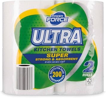 Power Force Ultra Kitchen Paper Towels, Super Strong and Absorbent, 2 Rolls, 200 Sheets Per Pack