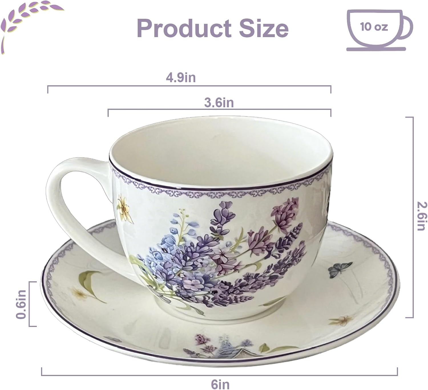 Coffee Mugs Set with Saucer Elegant Purple Wheat Design Ceramic Coffee Cup and Saucer Set, 10oz Wheat Ears Tea Cup Gift for Girls Women Mom Valentine's Day, Mother's Day (Purple Wheat Ears)
