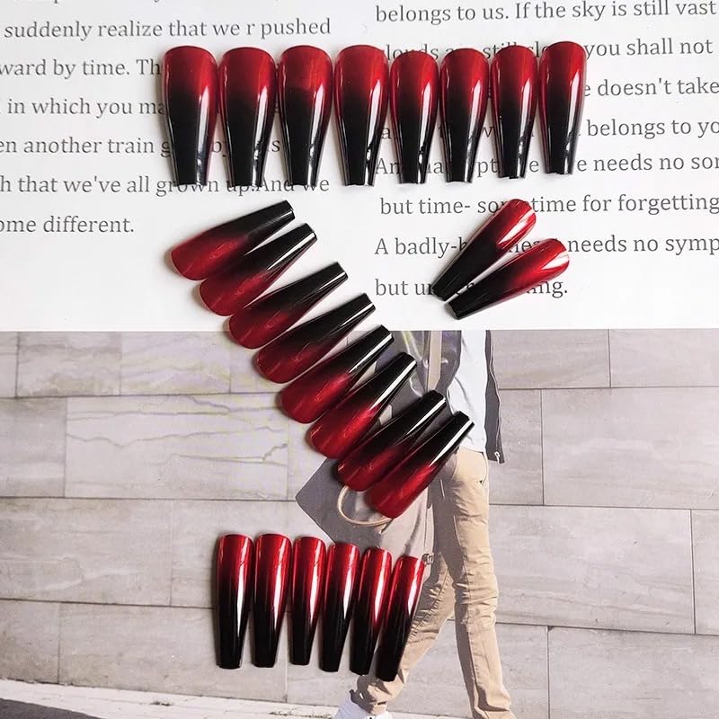 CherryBox 24 long Coffin press on nails Red Black Gradient fake nails Acrylic False Nails for Women and Girls (Jelly Glue Adhesive Tabs and Glue Included) 3