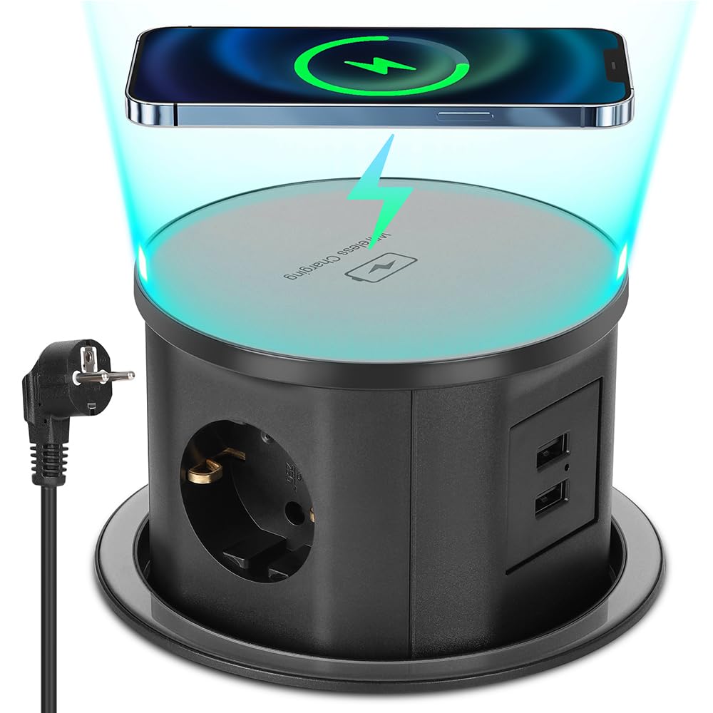 XIIW Multiprise Encastrable 3 Prises [Type F] + 15W Chargeur sans Fil Qi & USB-A – 3680W/16A – ABS Ignifuge avec Sécurité Enfant – Prise de Table pour Bureau, Plan de Travail et Cuisine, 1,8m Câble