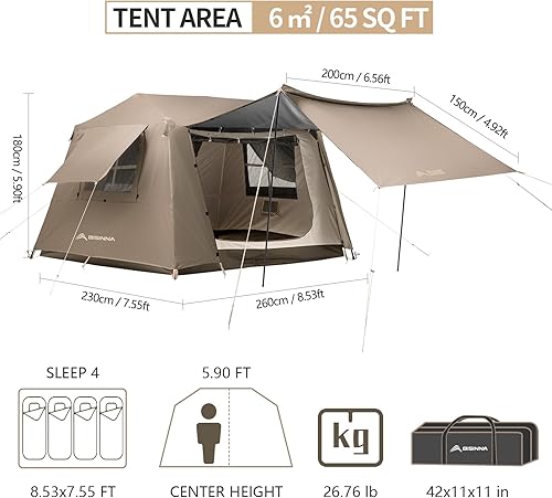 Miniatura 2 de BISINNA 4 Person Camping Tent Family Cabin Tents with Full Rainfly Waterproof Large Double Layer Glamping Tent for Car Camping Outdoor Picinic
