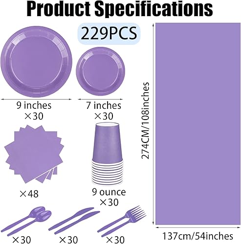 Miniatura 2 de TWOWYHI Juego de 229 piezas de suministros de fiesta morados, platos desechables de papel, vasos, cucharas de plástico, tenedores, cuchillos,