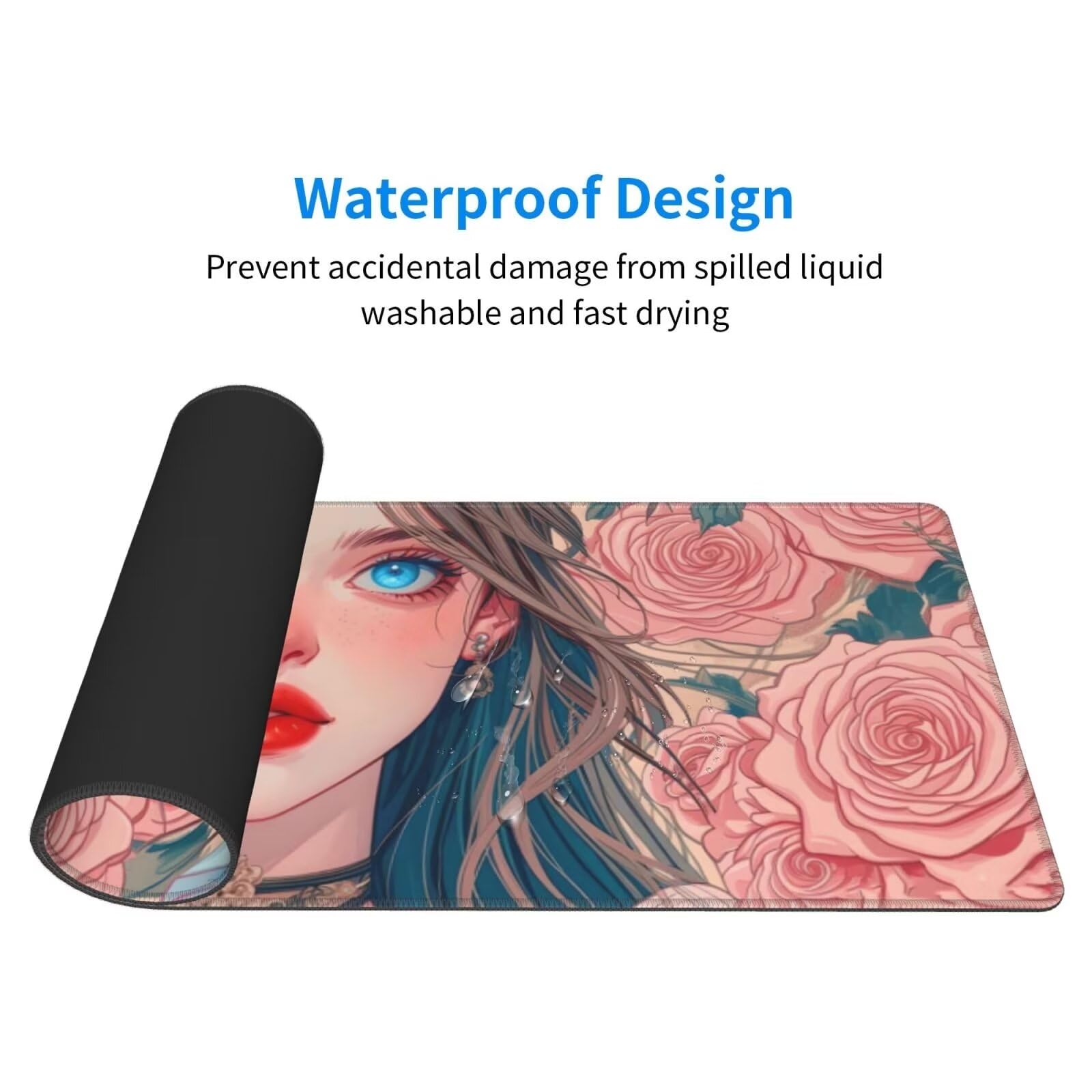 Tappetino Mouse, Tappetino Mouse Gaming Grande XXL 1500x800x3mm Tappetino Scrivania Mouse Pad, Base in Gomma Antiscivolo, Bordi Cuciti,Lavabile, Mousepad per Ufficio e Gaming (Rose Girl) R-484