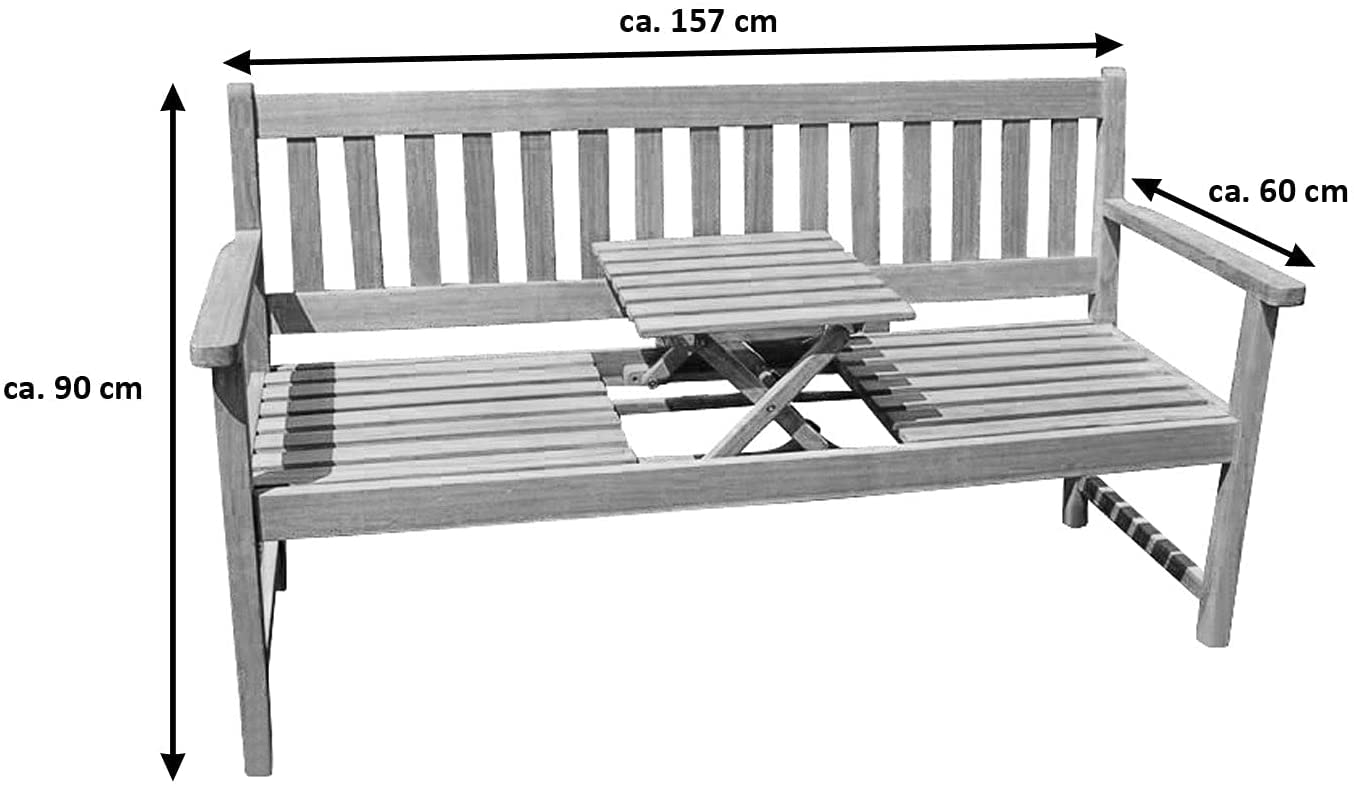 SAM 3-Sitzer Gartenbank Lorenzo, Sitzbank mit integriertem & einklappbarem Tisch, Akazienholz massiv & geölt, Holzbank für Balkon, Terrasse oder Garten, 157x60 cm