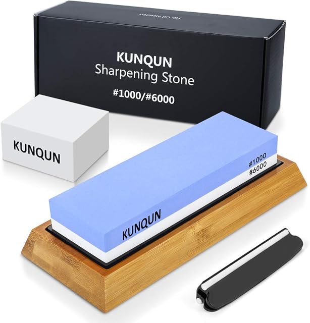 KUNQUN Sharpening Stone 1000 6000 Grits Two Sides Professional Whetstone Knife Sharpener, Premiun Water Whetstone on Non-Slip Silicone Holder & Bamboo Block, Includes Free Grinding Aid & Fix Stone