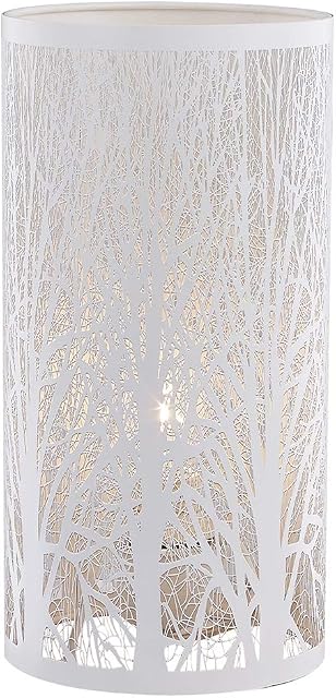 Unique and Beautiful Matt White Metal Forest Design Table Lamp with Cable Switch When Lit The Light Escapes Through The Gaps and Casts The Forest Against The Table by Happy Homewares