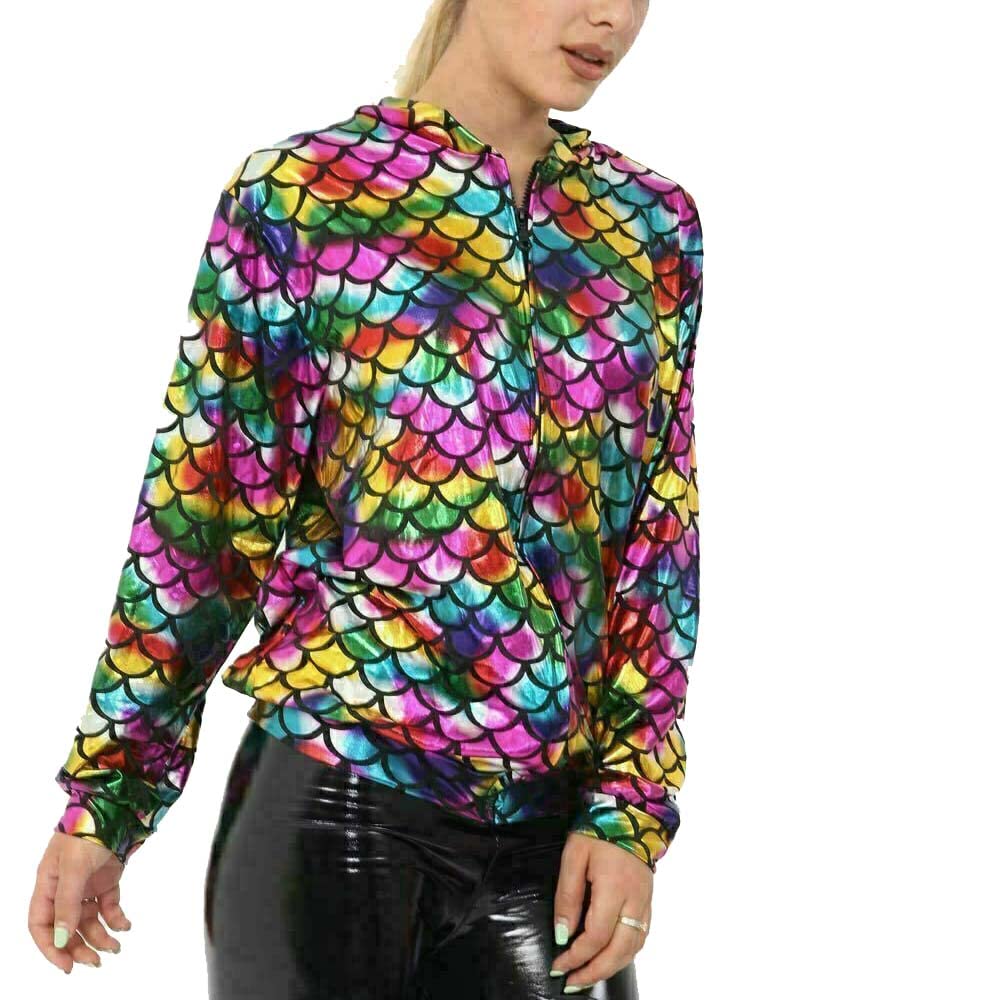 Flaves Fashion Women's Rainbow Sequin Glitter Bomber Jacket Biker Festival Clubbing Party Club Top (Xl, )