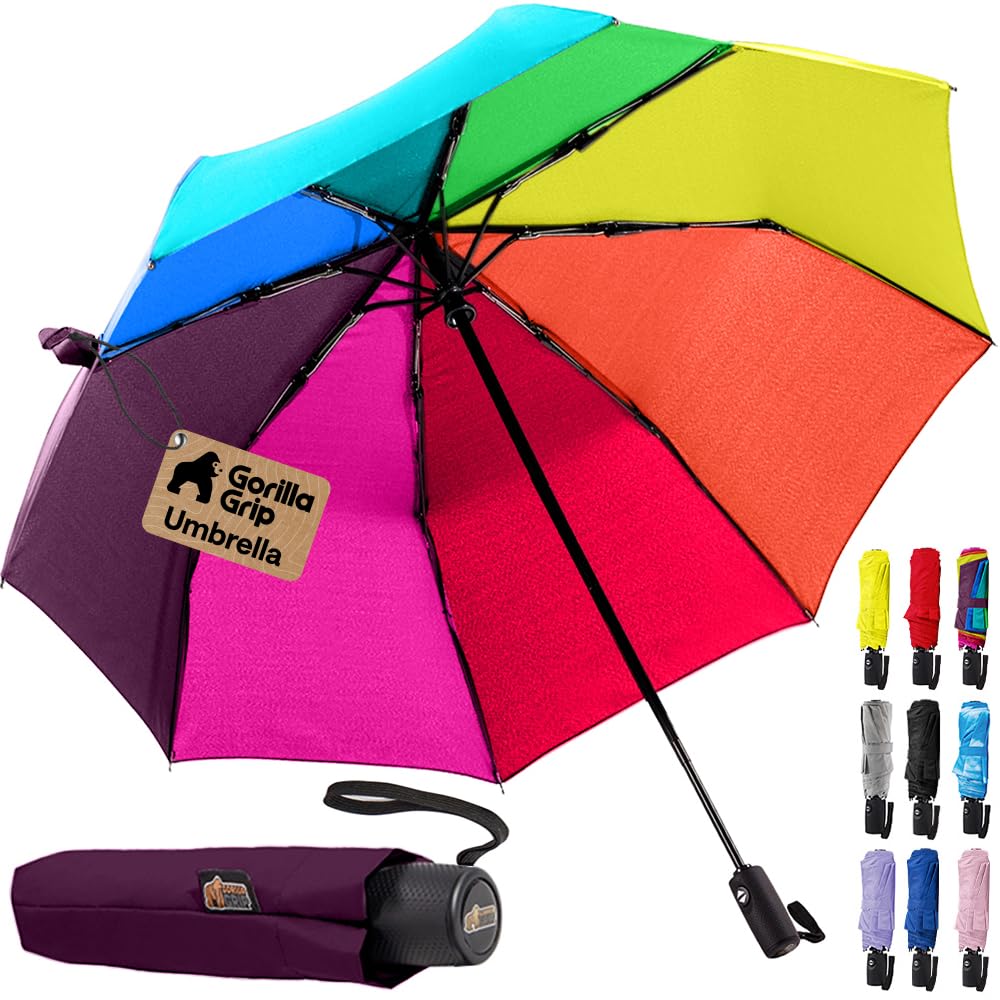 GORILLA GRIP Compact Travel Size Umbrella for Rain, Rainbow