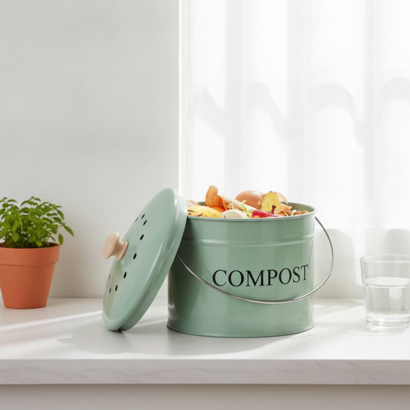 Composteur de Cuisine Composteur Compost Bin Seau Poubelle à Compost Seau de Comptoir avec Couvercle à Aération et Filtre à Charbon pour Contrôle des, Array, Noir