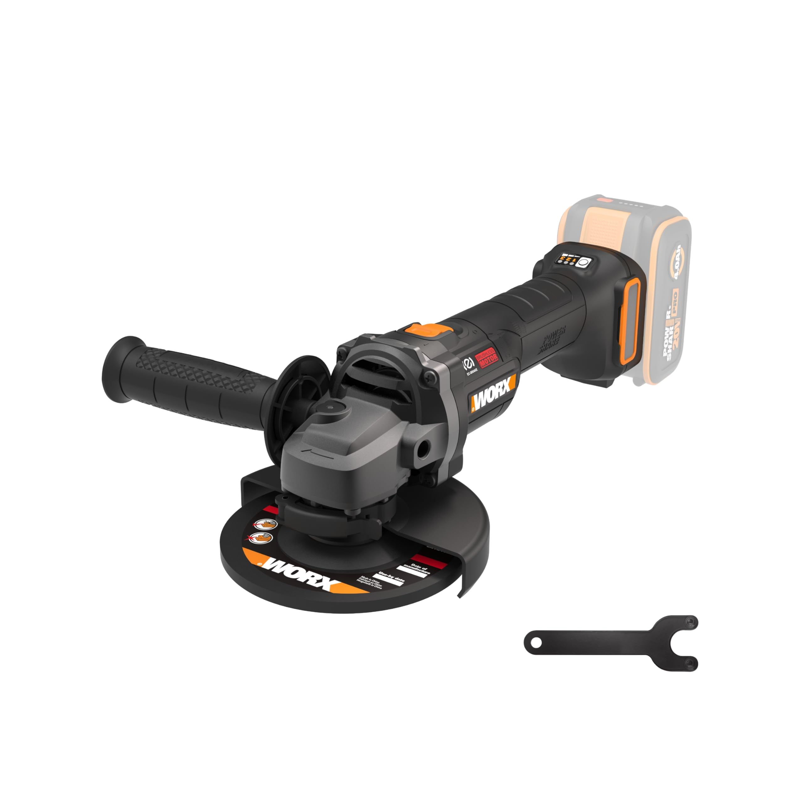 WORX Meuleuse d'Angle sans Fil Brushless 20V WX814.9, Disque 125 mm, 8600 tr/min, Multimatériaux, Livrée avec capot de protection, Disque de meulage pour métal, sans Batterie ni Chargeur