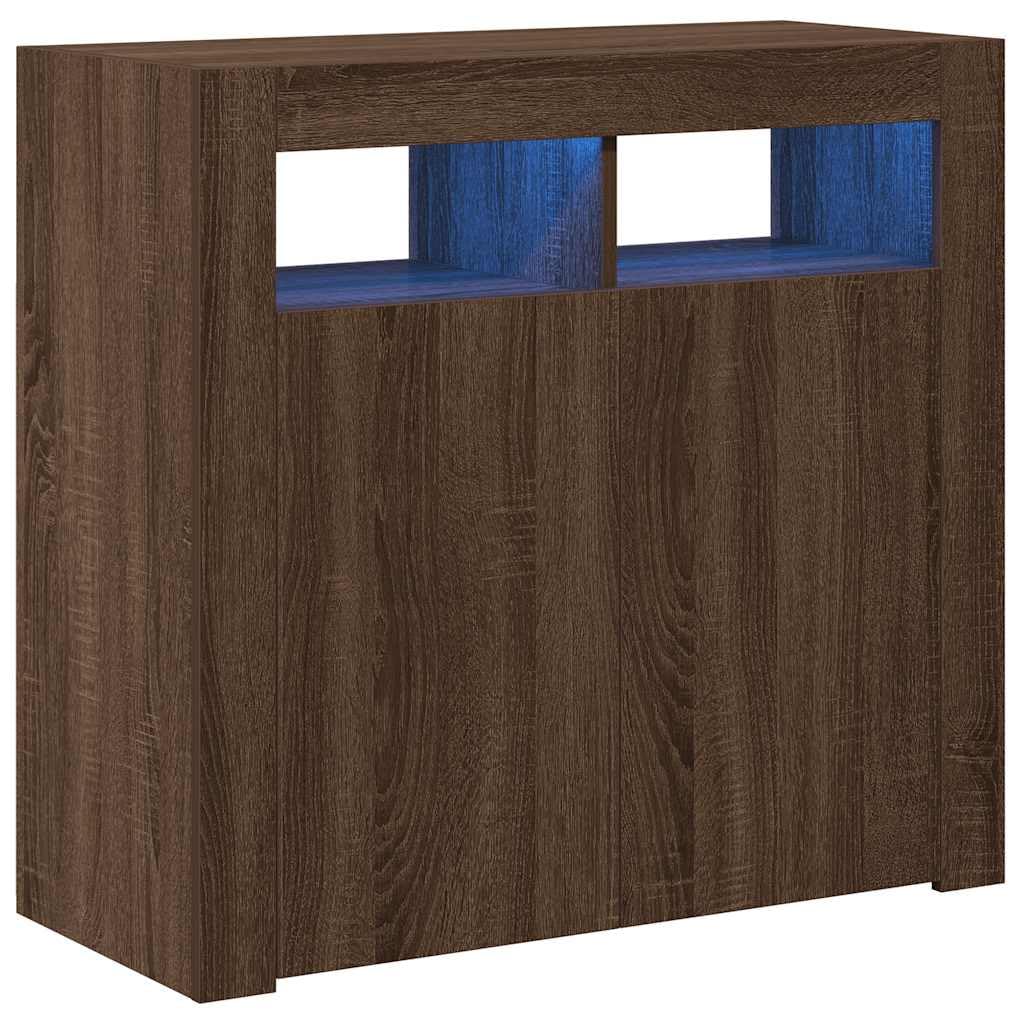 vidaXL Buffet avec Lumières LED Armoire de Rangement Organisateur de Maison Meuble de Salle de Séjour Salon Intérieur Chêne Marron 80x35x75 cm