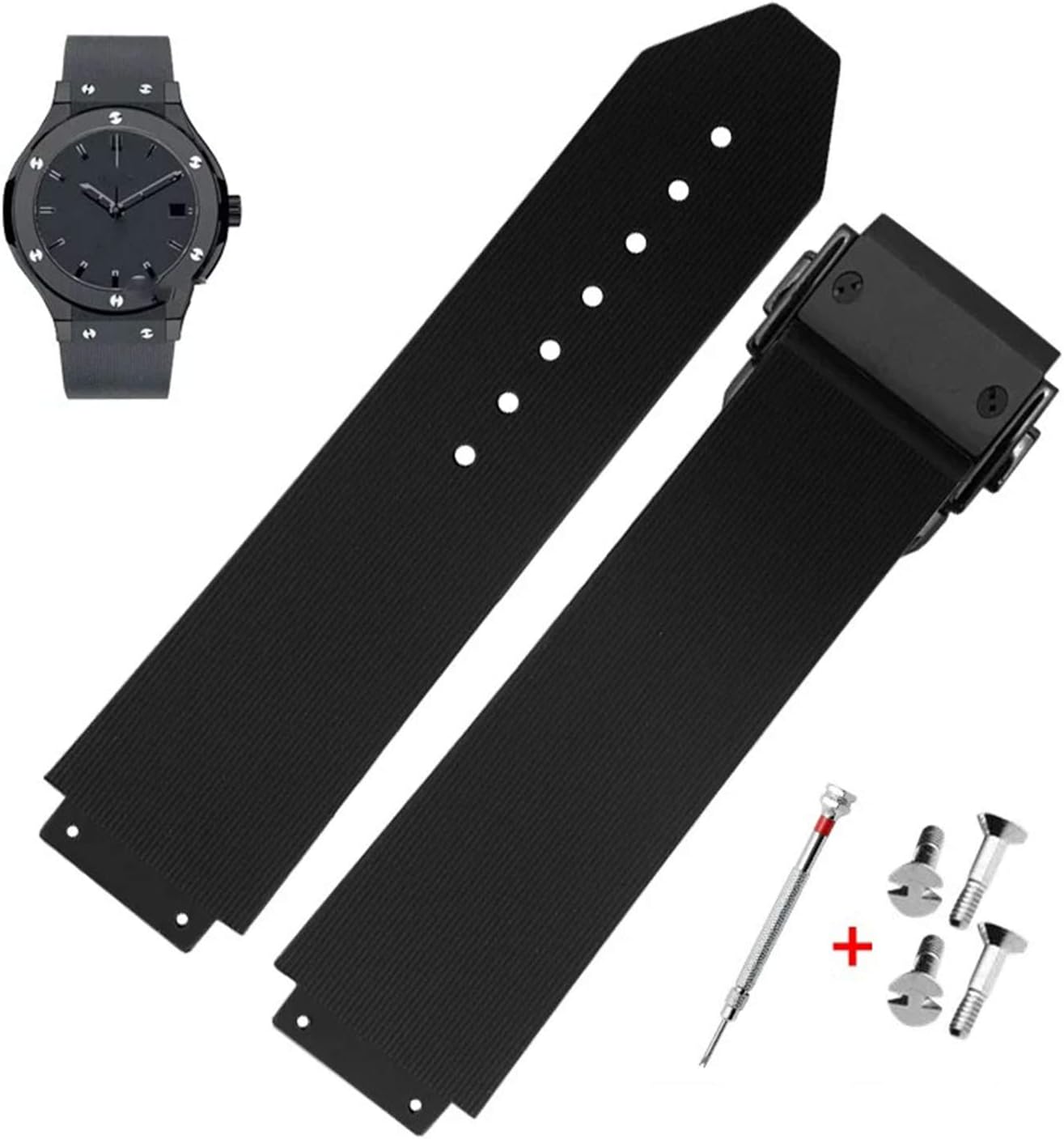 21mm Rubber Watch Strap with Replacement Band Tool for Hublot Big Bang (Black Stripe - Black Buckle)