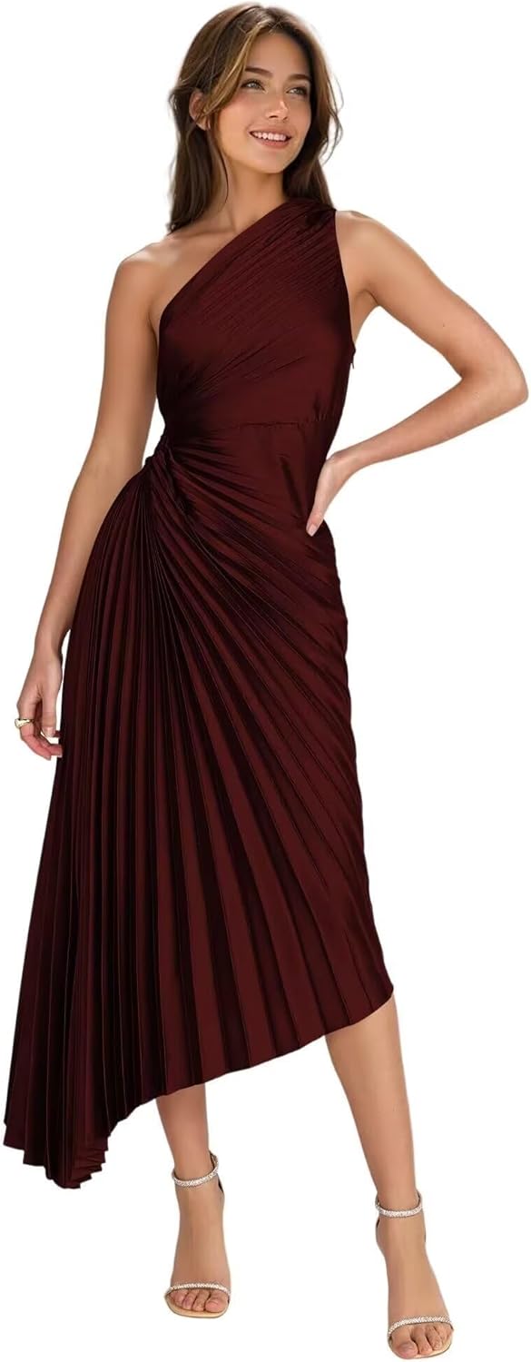 Satin One Shoulder Bridesmaid Dresses with Pleates for Women Asymmetrical Corset Long Formal Wedding Guest Dress