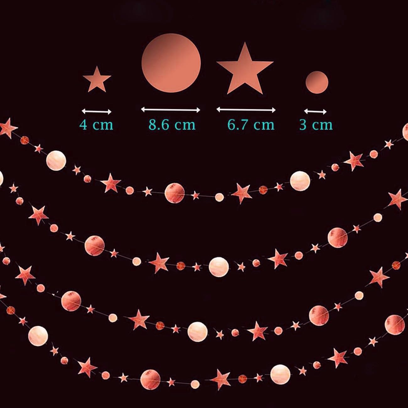 Rose Gold Hanging Paper Garland,Glitter Circle Star Paper Decoration for Party(52 Ft/4 Pack) - Image 2