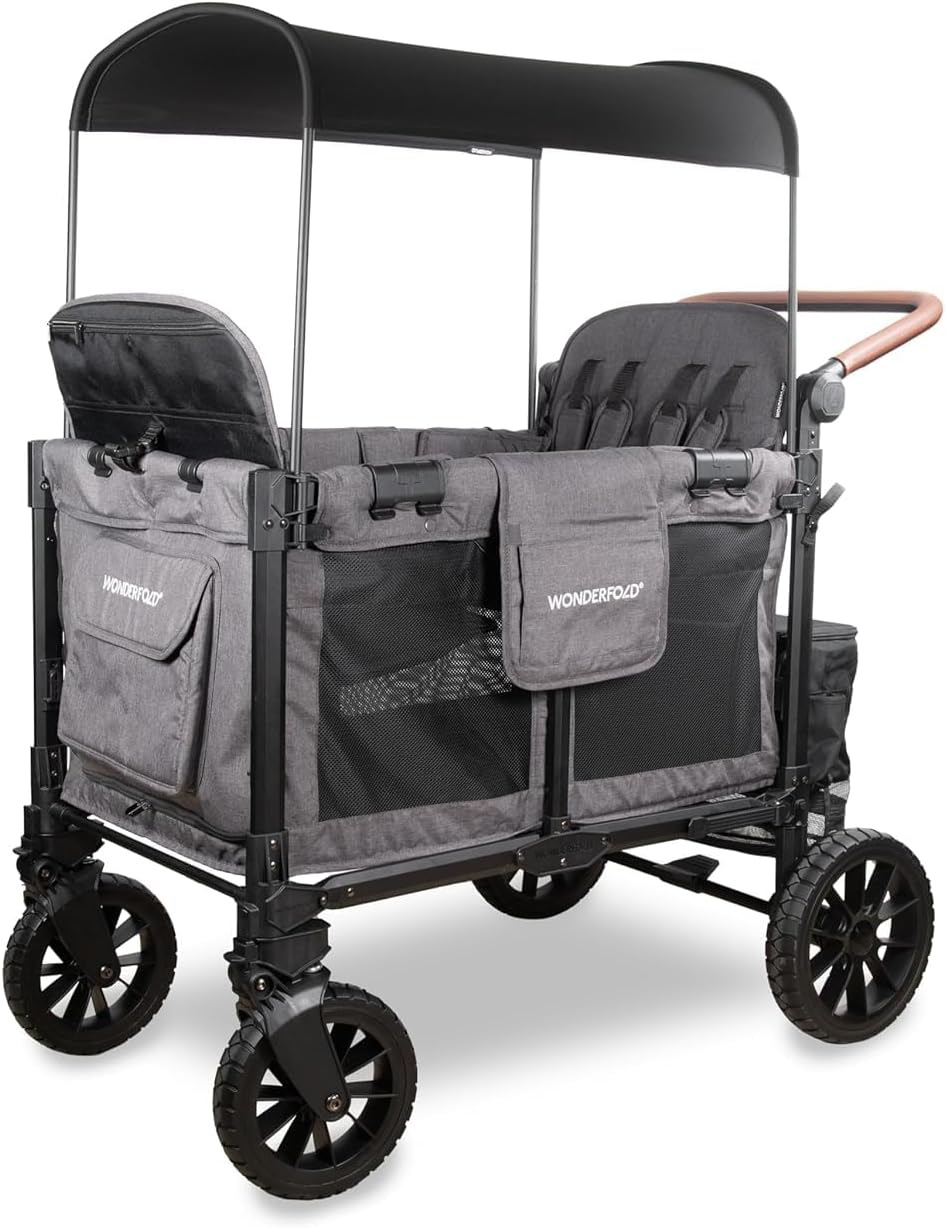 W4 Luxe Pro Stroller Wagon - Collapsible Stroller Wagon with Aluminum Frame - Adjustable Canopy & Push Handle - XL All-Terrain Wheels - For Babies, Toddlers & Kids - 4 Seater - Gray