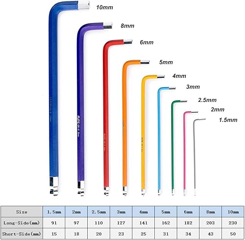 Miniatura 2 de Juego de llaves hexagonales de extremo de bola codificado por colores de 9 piezas, llaves Allen de brazo extra largo, métrico 0.059-0.394 in, acero