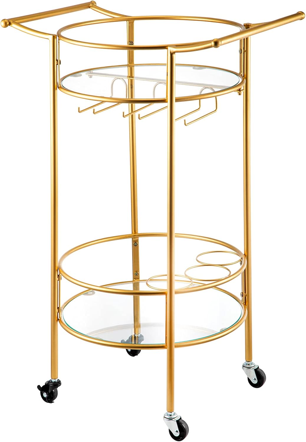 VEVOR Bar Cart, Two Tier Serving Cart, Gold Finish Wine Cart, Rolling Bar Cart, Antique Small Bar Cart, Gold Bar Cart with Wheels and Glass Holder for Kitchen, Club, Living Room, Bar (Round) - Bar & Serving Carts