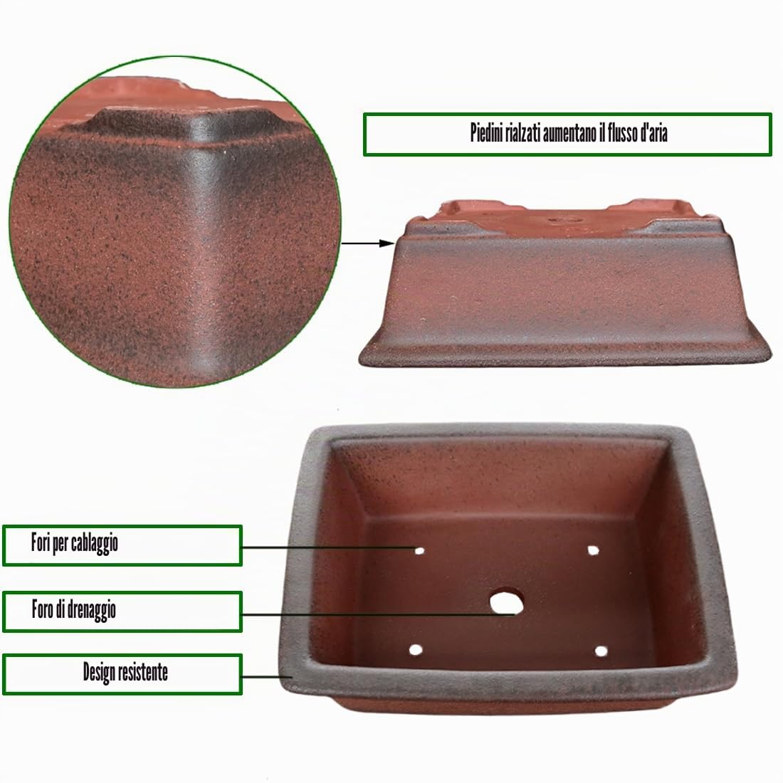 MUZHI Vaso decorativo in ceramica per bonsai, 21 cm, con vassoio, traspirante, non smaltato, rettangolare, in terracotta, per albero di piante grasse, cactus, per interni ed esterni, rosso marrone