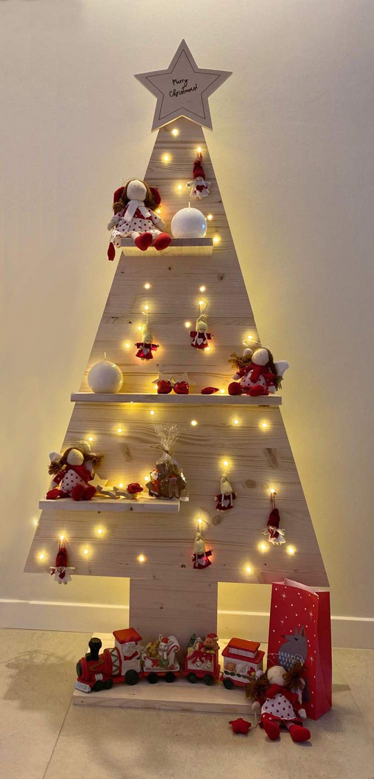 MAMI Albero di Natale, Alberello di Natale in Legno, Christmas Tree, Decorazioni Natalizie, Dimensioni 130 x 60 cm con Mensole e Stella in Alto