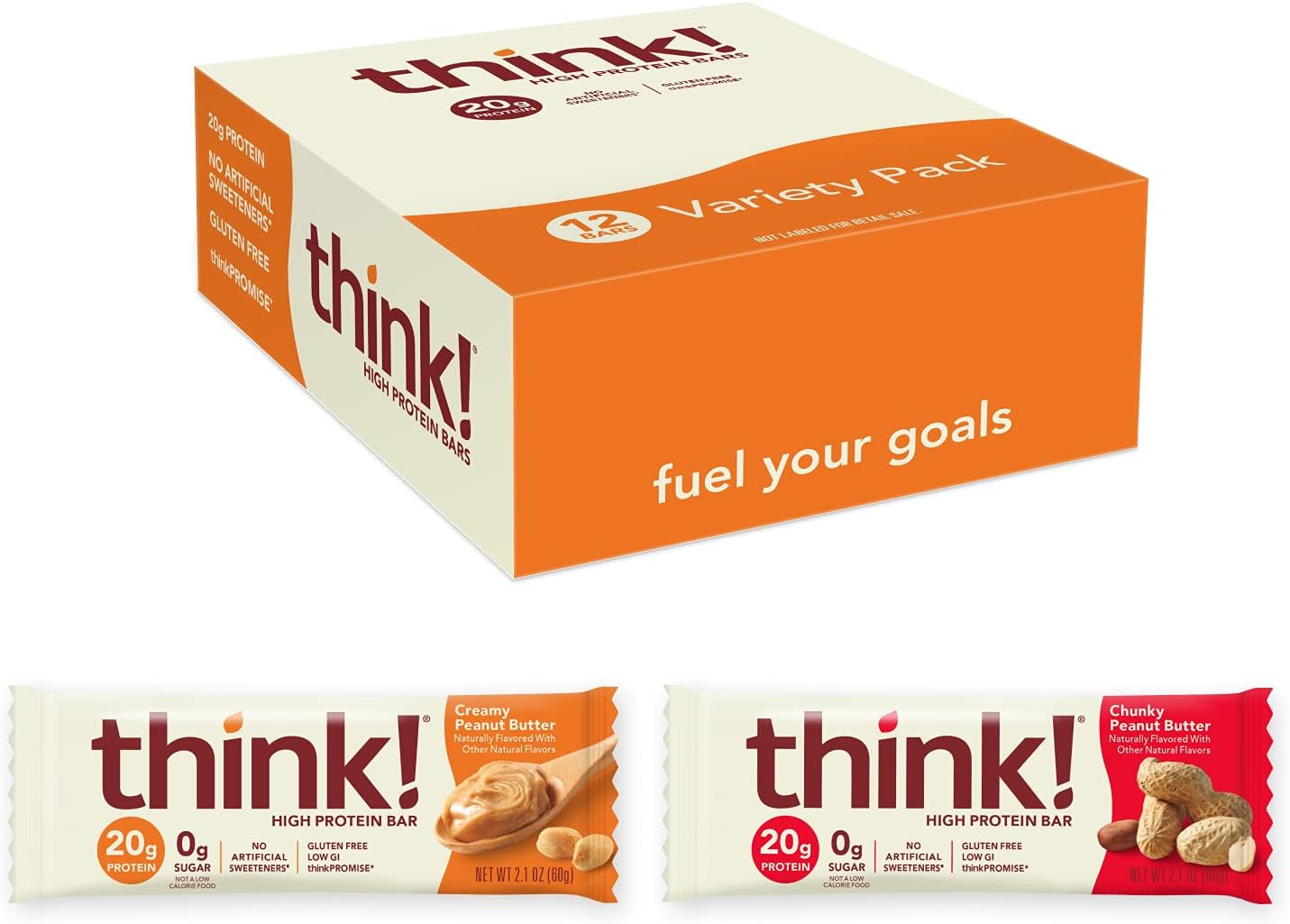 think! High Protein Bars - Peanut Butter Lover's Variety Pack, 20g Protein, 0g Sugar, No Artificial Sweeteners, GMO Free, 2.1 oz bar (12 Count)