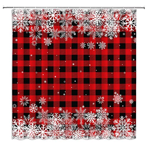 JIRGIXA Rustic Christmas Shower Curtain Red Black Buffalo Check Plaid White Snowflake Vintage Farmhouse Winter Holiday Merry Christmas Happy New Year Fabric Bathroom Decor Curtain Sets with Hooks by JIRGIXA - Used condition - Image 2