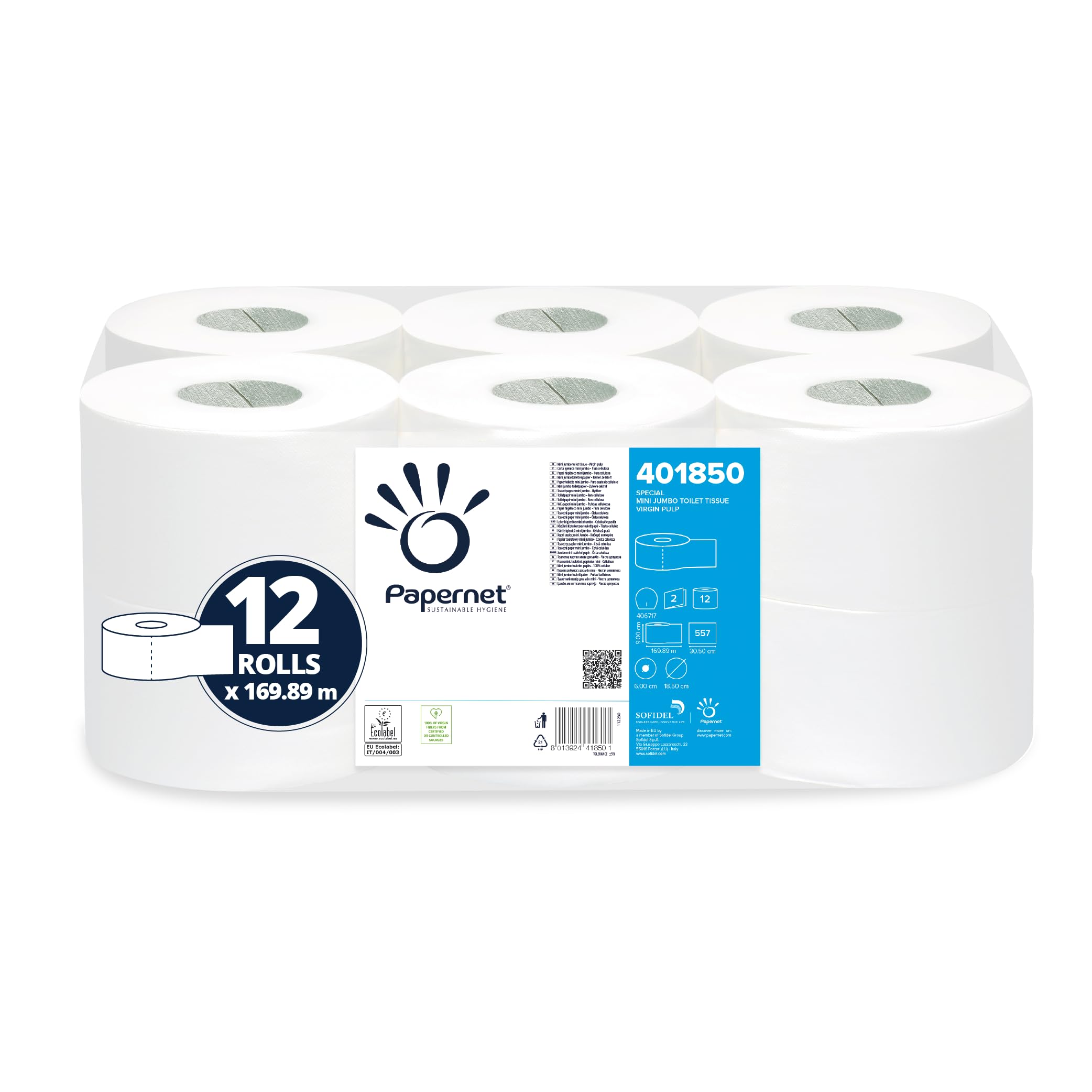 Papernet 401850 Mini Jumbo Papel Higiénico, Celulosa Pura, 2 Capas, 12 Rollos, Blanco