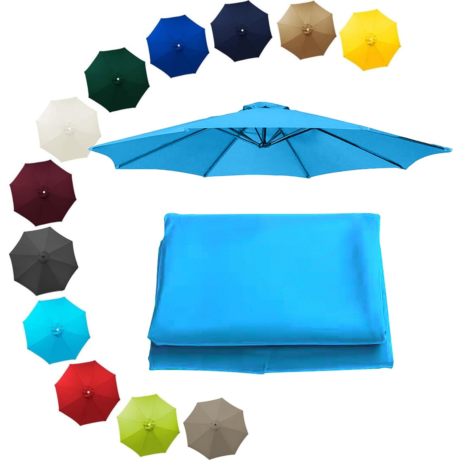 200cm 230cm 250cm 270cm 300cm 350cm/6ribs 8 Ribs Replacement Parasol Fabric Cover, Sun Umbrella Replacement Cloth, Garden Parasol Canopy Cover(Lake blue,6.5ft(200cm)/8 arms)