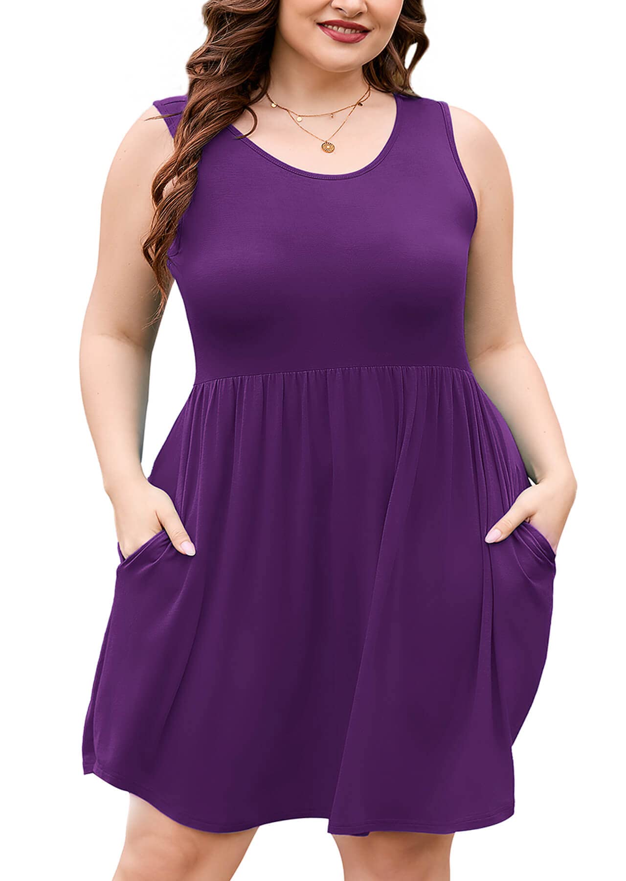 AusLook Plus Size Summer Tank Dress for Women Casual Sleeveless Crewneck Pleated Babydoll Swing Sundresses with Pockets 1X-5X