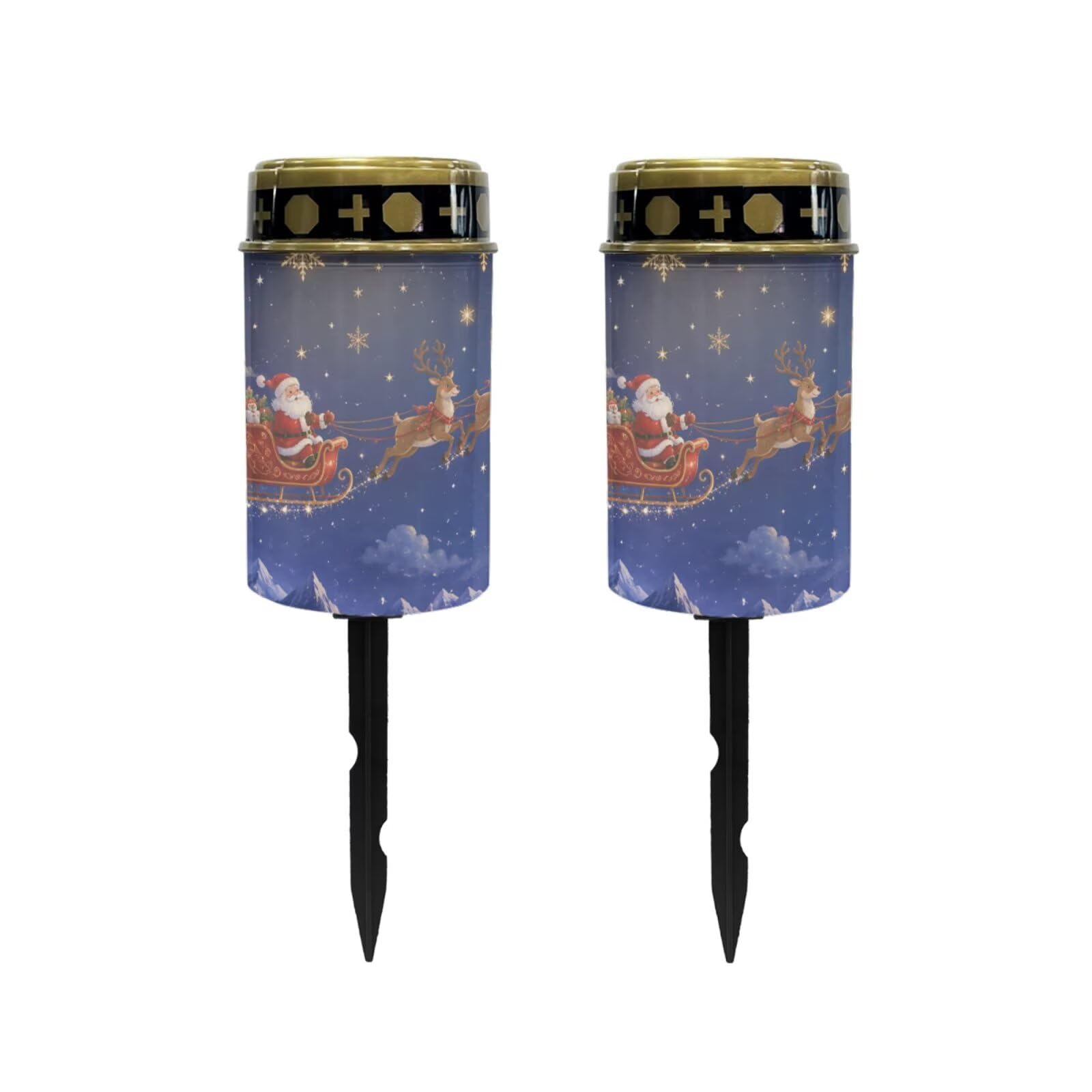 Poceacles Christmas Lights Solar Grave Candle Solar Cemetery Candles LED Automatic Outdoor Flameless Cemetery Lights for Christmas, Santa Claus Reindeer Sky Print, 2 Piece Set