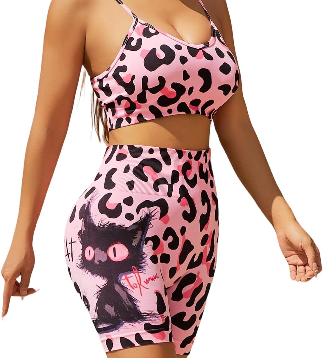 Workout Sets for Women 2 Piece, 3D Print Cute Seamless Yoga Workout Outfits Gym Matching Sets